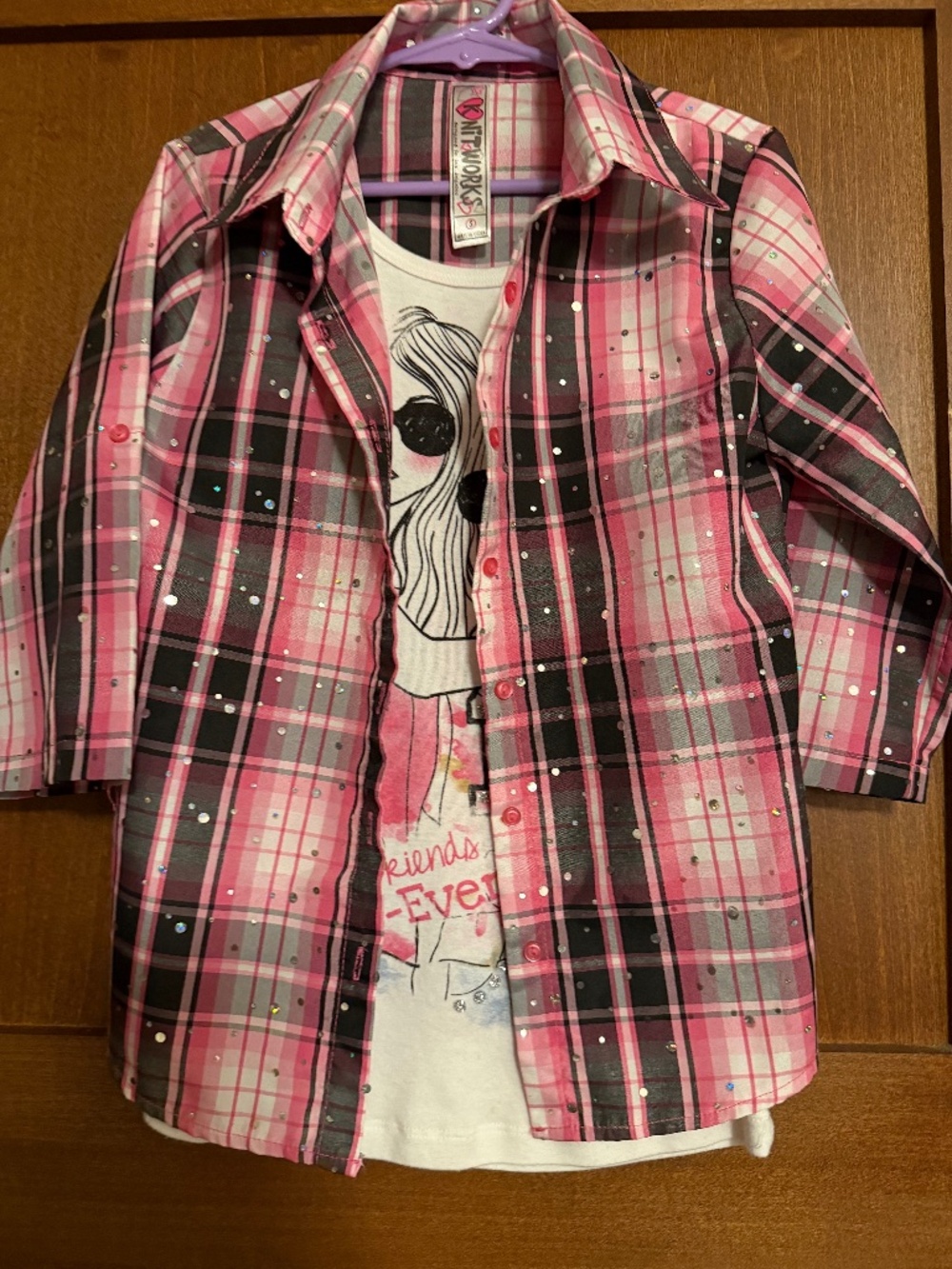Pink & Black Plaid Rhinestone Button-Up Shirt with Graphic Tank Top – Size Small